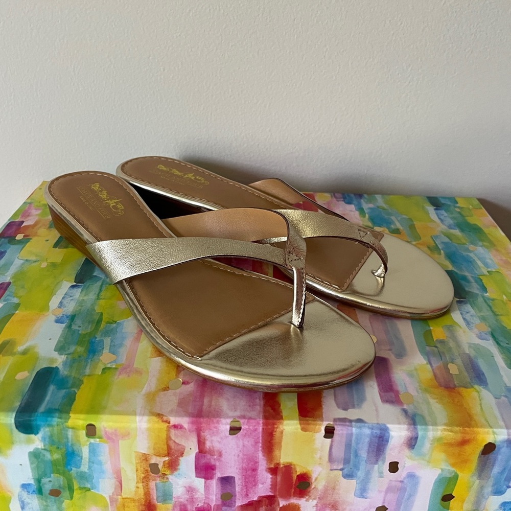 Gold thong wedge sandals